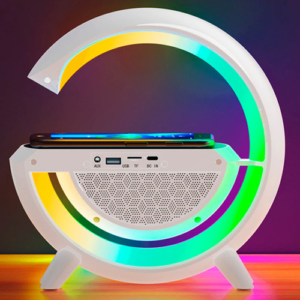 Luminária G RGB Colorida com Relógio Caixa de Som Bluetooth e Carregamento por Indução LCS