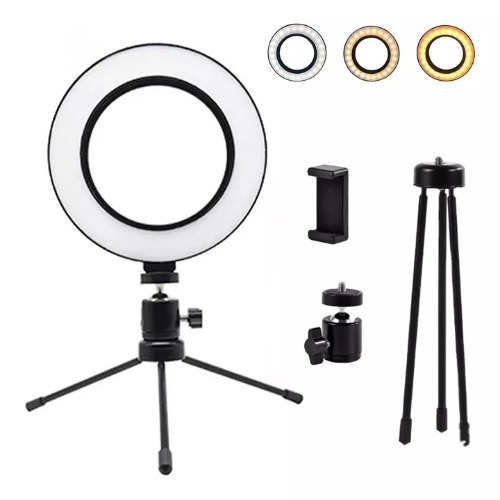 Ring Light LED de 16 cm com Tripé e Suporte para Celular