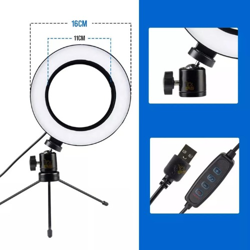 Ring Light LED de 16 cm com Tripé e Suporte para Celular