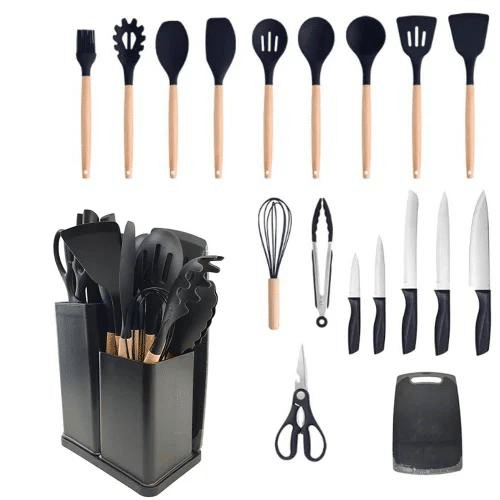 Kit utensílios cozinha silicone faca tábua 19 peças conjunto