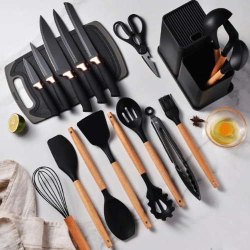 Kit utensílios cozinha silicone faca tábua 19 peças conjunto