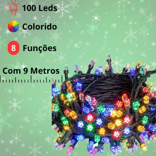 Pisca Pisca LED de Natal 100 LEDs, 9m, 8 Funções, Branco e Colorido