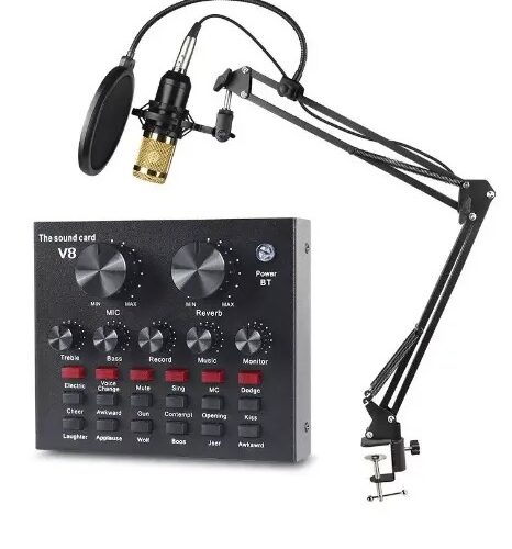 Kit Microfone Condensador Profissional com Placa de Som V8 Conjunto Completo para Streaming e Gravação