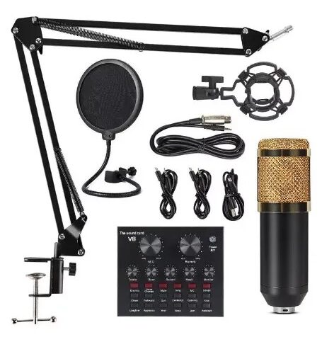 Kit Microfone Condensador Profissional com Placa de Som V8 Conjunto Completo para Streaming e Gravação