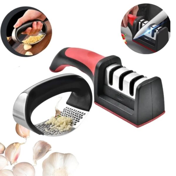Kit Espremedor, Amassador e Triturador de Alho + Amolador e Afiador Profissional 3 em 1