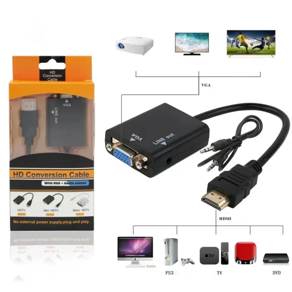 Cabo Adaptador Conversor HD MI Para Vga Com Saída P2 De Áudio
