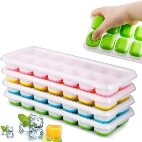 Kit 4 Formas de Gelo com Tampa – Fundo Flexível em Silicone – 14 Cubos por Forma