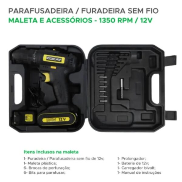 Parafusadeira e Furadeira sem Fio Kokay SC-99 com Maleta e Acessórios-Bateria 12V Li-íon - Image 3