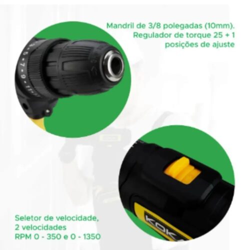 Parafusadeira e Furadeira sem Fio Kokay SC-99 com Maleta e Acessórios-Bateria 12V Li-íon