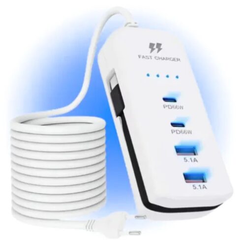 Extensão Carregador Turbo 66W com 4 Portas (2 USB-A e 2 USB-C)